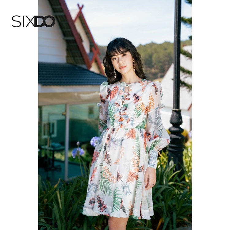 Đầm hoa mini phối nơ ngực tay bồng xinh xắn SIXDO (Off-white Palm Bishop Sleeves Mini Dress)