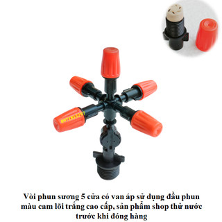 Vòi phun sương 5 cửa có van áp chống nhỏ giọt loại lõi đầu cam màu trắng, dùng ren 21mm