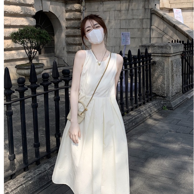 Đầm váy nữ babydoll sát nách 2 dây màu trắng, Váy đi biển DELIZ ulzzang kiểu hàn dễ thương