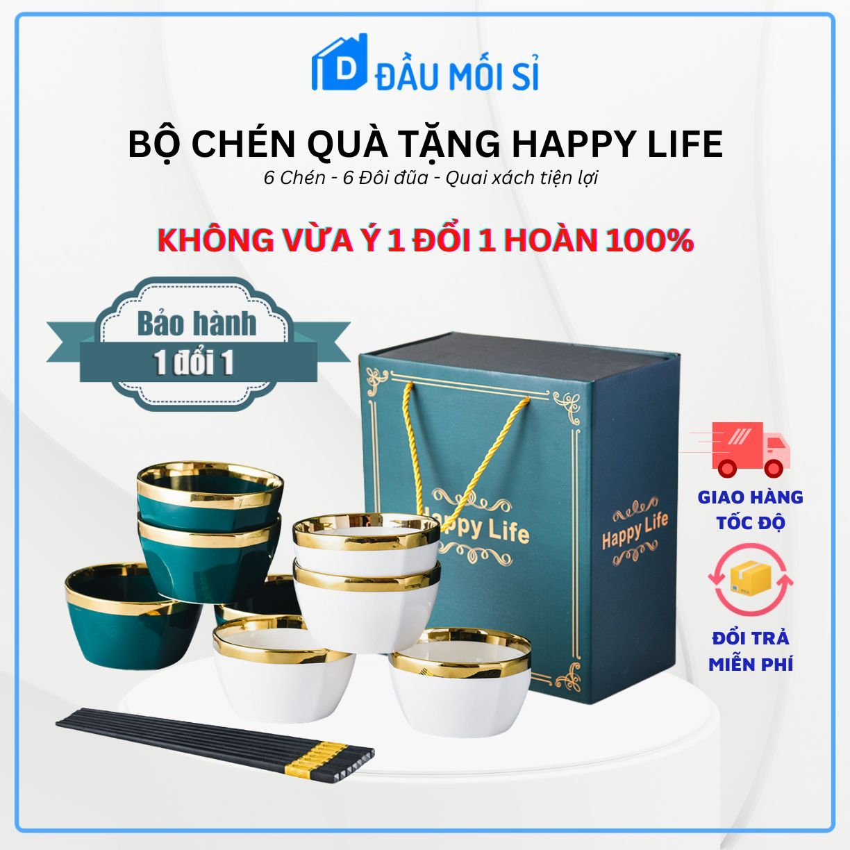 Bộ chén bát quà tặng bộ chén bát ăn cơm gia đình gốm sứ Happy Life kèm đũa cao cấp sang trọng từ Khodaumois