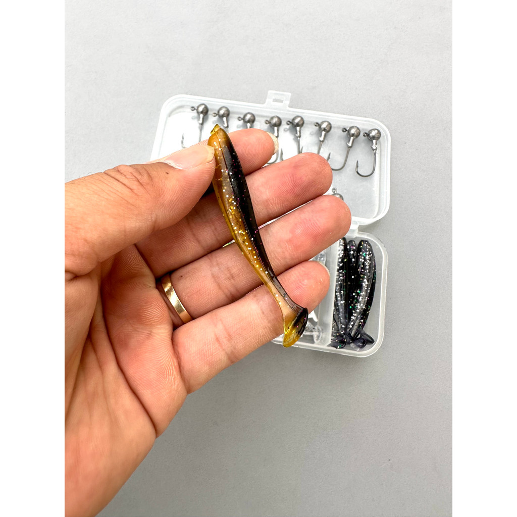 Hộp 25 Mồi Mềm Đuôi T Dài 5,5cm + 10 Lưỡi Đầu Chì 3,5g Kèm Hộp Như Hình