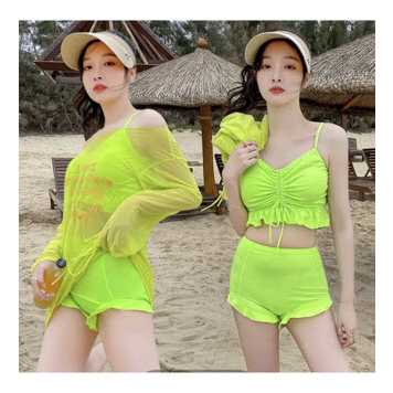 Đồ bơi 3 mảnh, Set bikini gồm khoác ngoài, màu dạ quang Neon #028288