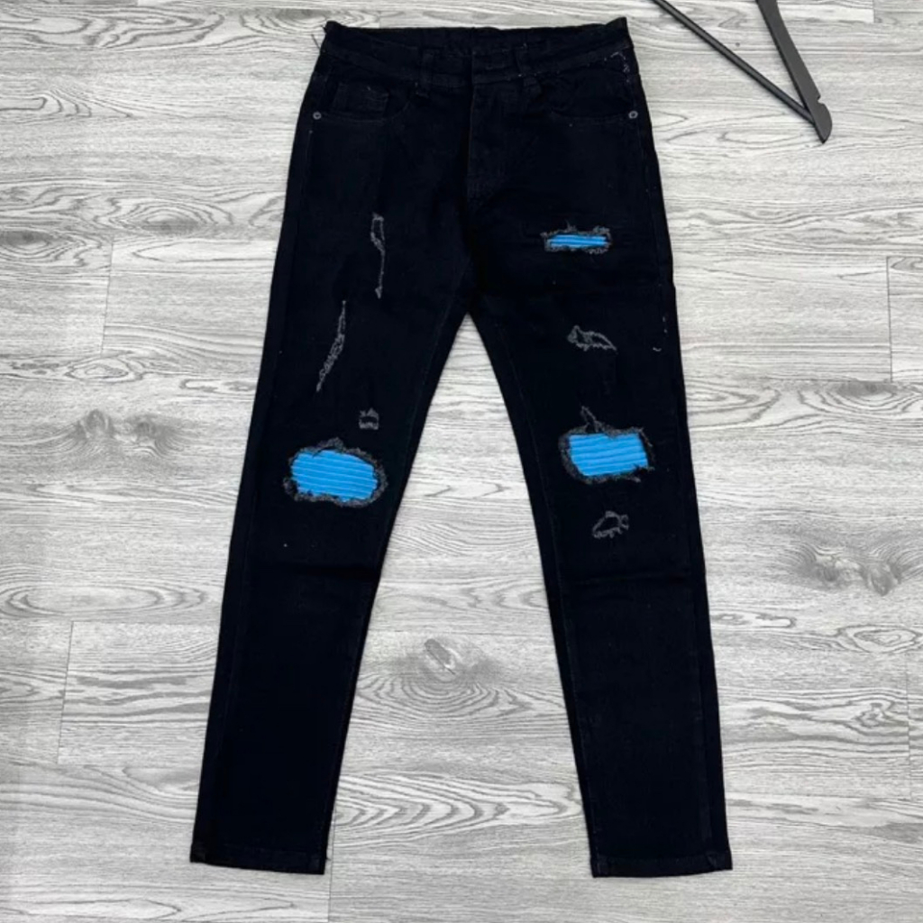 Quần jean nam rách vá xanh vải co giãn kiểu boy phố trẻ trung mẫu-AXSTORE