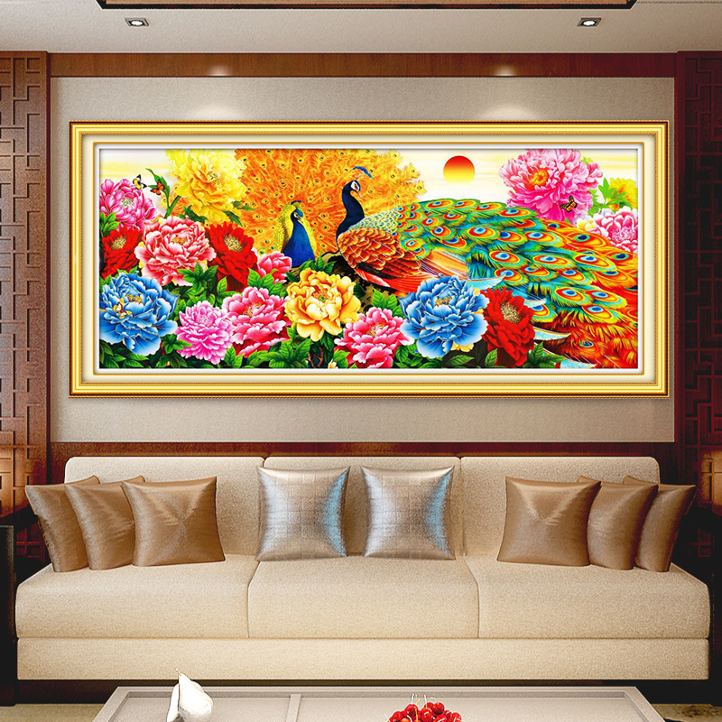 Tranh thêu kín chữ thập Đôi công mẫu đơn E6, kích thước 110*50 cm