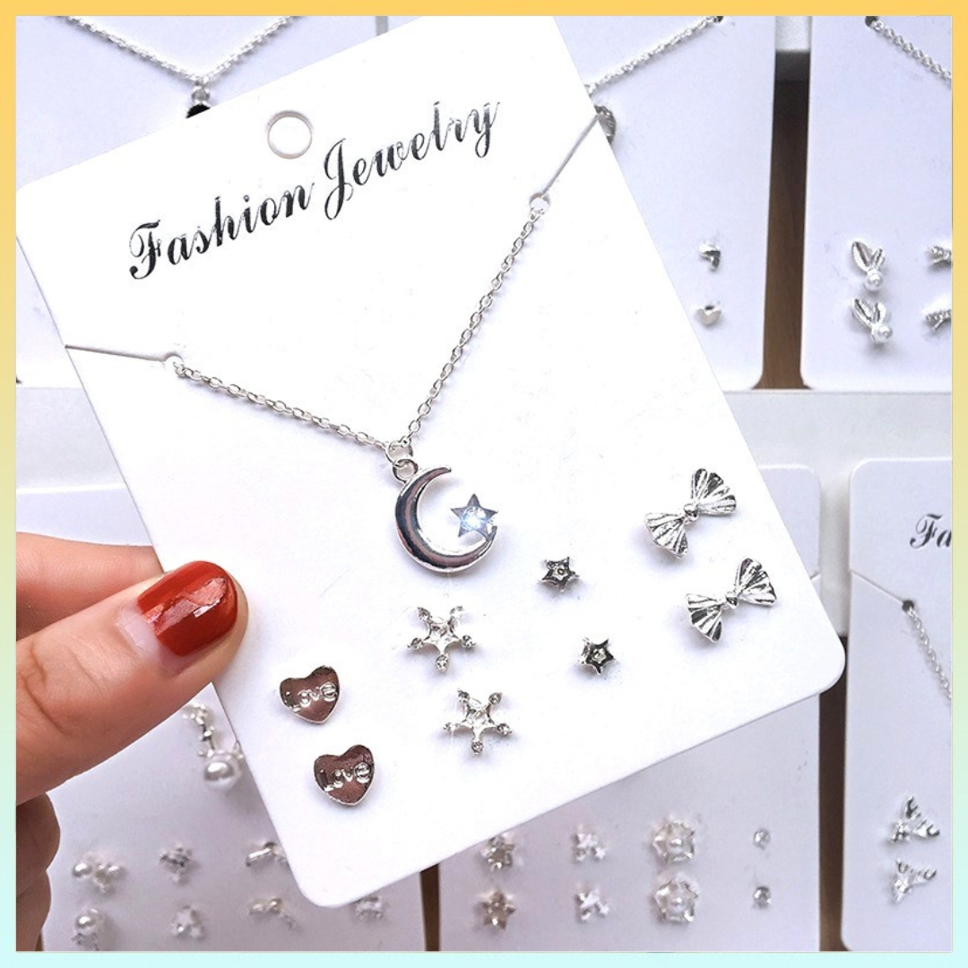 [L2M] SET 5 MÓN gồm dây chuyền mặt TRĂNG SAO và 4 cặp bông tai thời trang phong cách Hàn Quốc xinh xắn