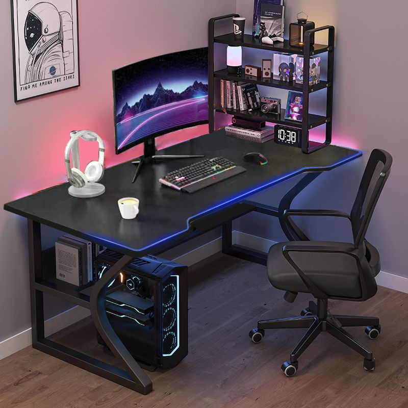 Bàn gaming chân uốn cong­ chữ C để PC phong cách game thủ, bàn làm việc có đèn LED kèm kệ để đồ trên mặt bàn