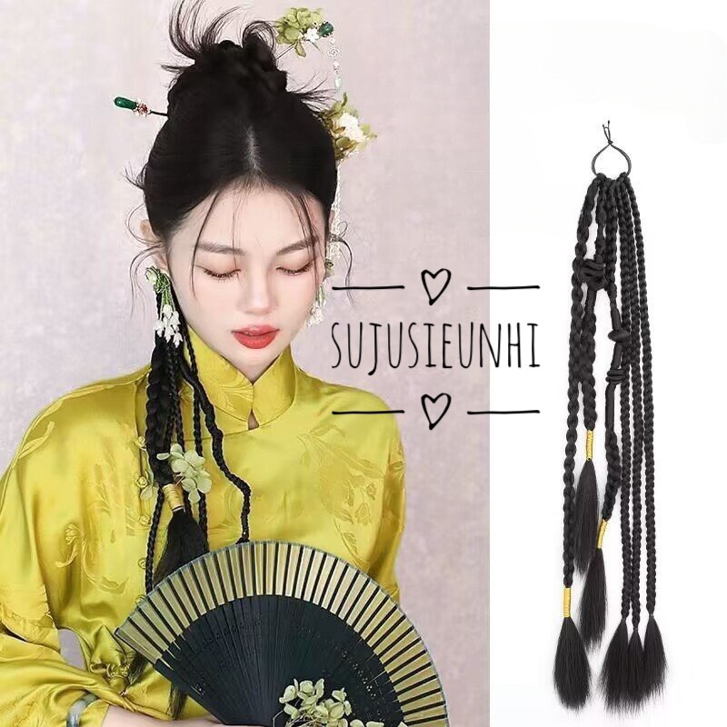 1 búi tóc giả buộc tết sẵn dáng dài xoắn sợi chỉ vàng duyên dáng cho cô dâu