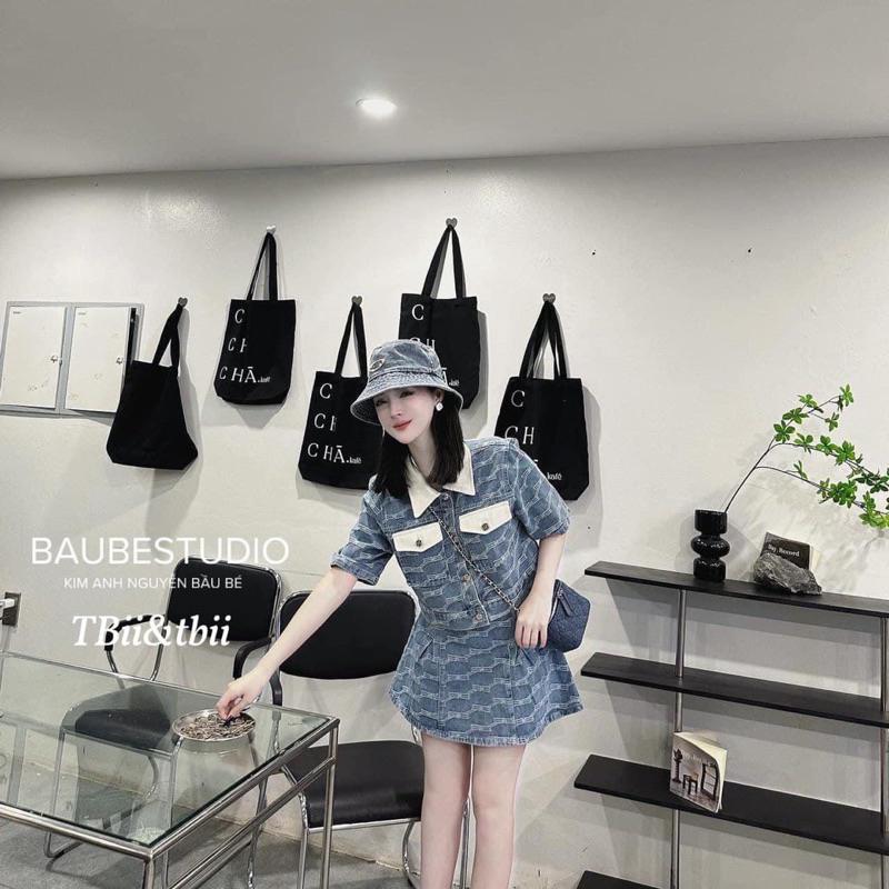 set váy đầm jeans phối màu kh