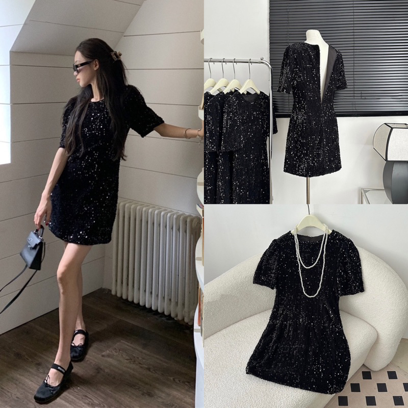 (Sẵn ạ) Váy đính sequin kiểu Pháp dành cho nữ mùa xuân 2023 Khí chất mới Váy eo cao Váy chữ A phong cách Hepburn