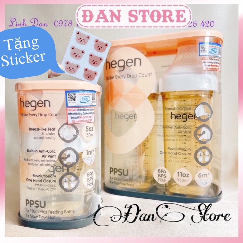 Tặng Sticker- Bình sữa Hegen chính hãng 60ml 150ml 240ml 330ml fullbox, tách set hỗ trợ đổi núm 1 2 3 Y tại Long Biên HN