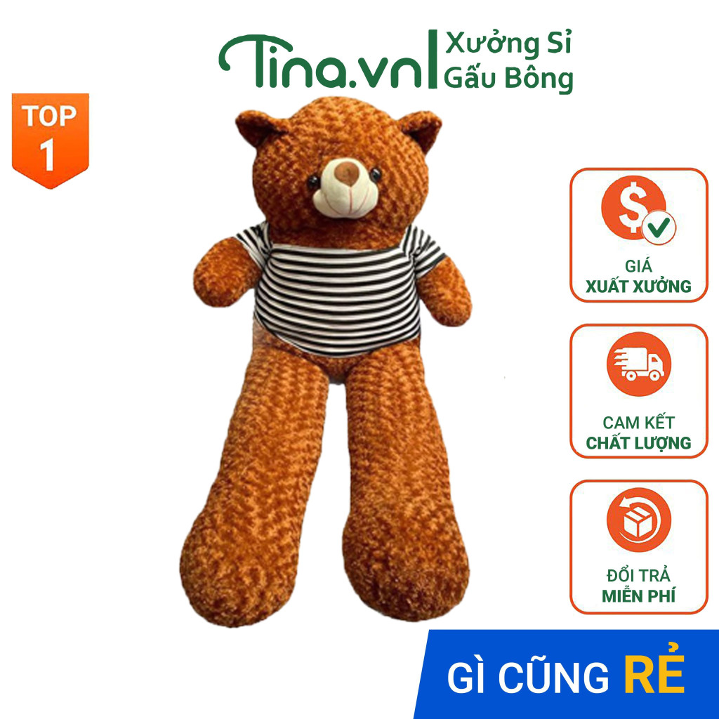 Gấu bông gối ôm Tina Teddy Bear dày dặn bông cao cấp, vỏ nhung Hàn Quốc mềm mịn, co dãn 4 chiều, size 100cm - 130cm