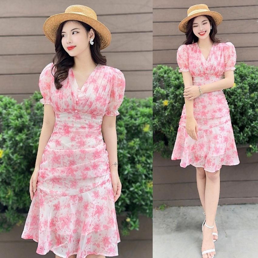 Váy hoa nữ cổ V nhún eo tôn dáng - XU XU SHOP - Đầm hoa nhí voan tơ cho mùa Hè mát mẻ, đi biển, dạo phố cực xinh