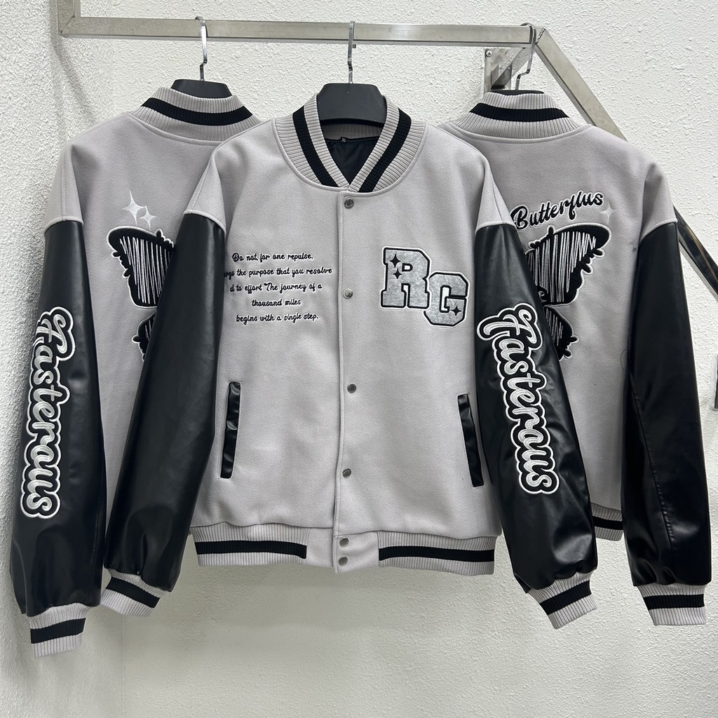Áo khoác Bomber thêu RG shadow Butterfly áo bomber chất nỉ 2 lớp phối tay da Pu - Gin Store