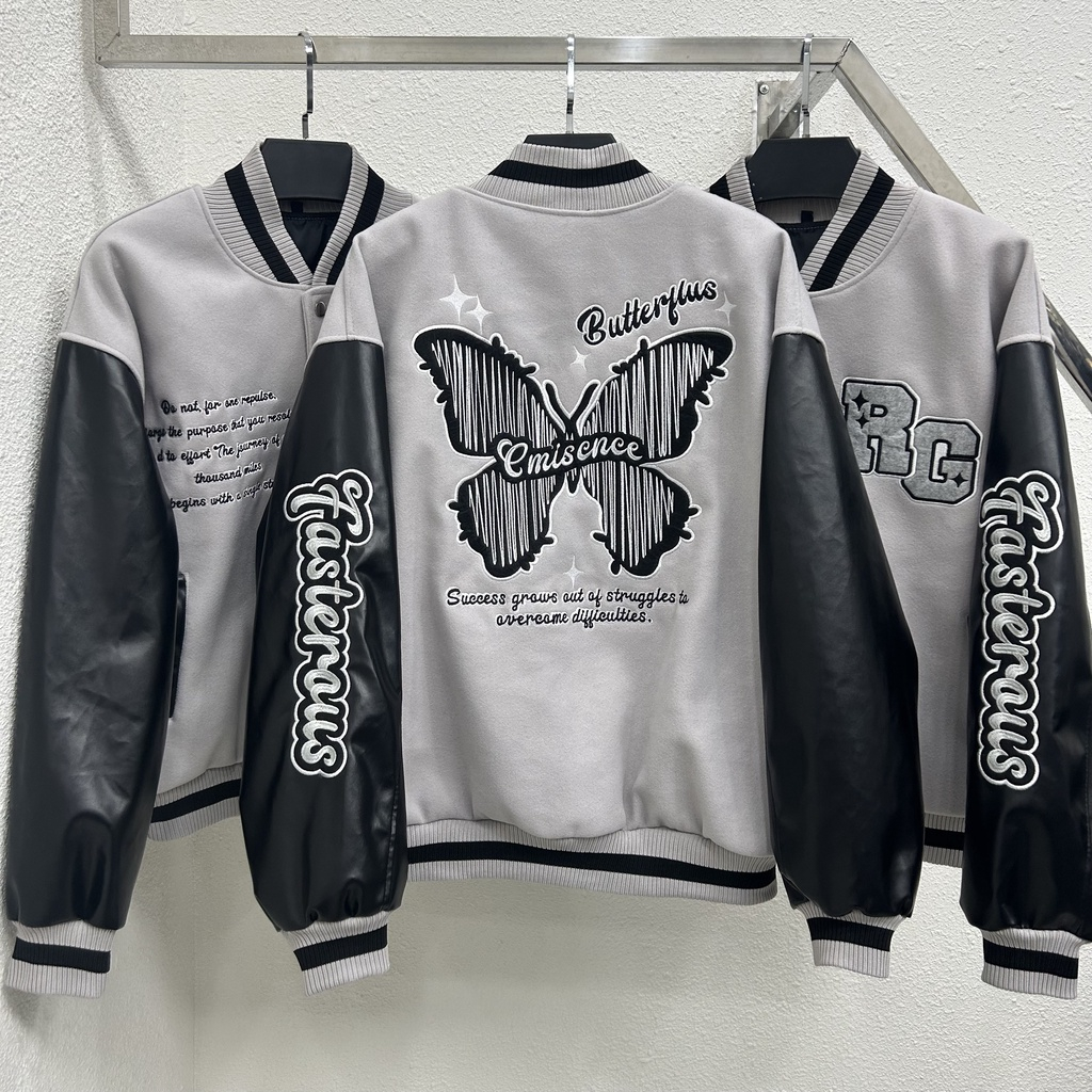 Áo khoác Bomber thêu RG shadow Butterfly áo bomber chất nỉ 2 lớp phối tay da Pu - Gin Store
