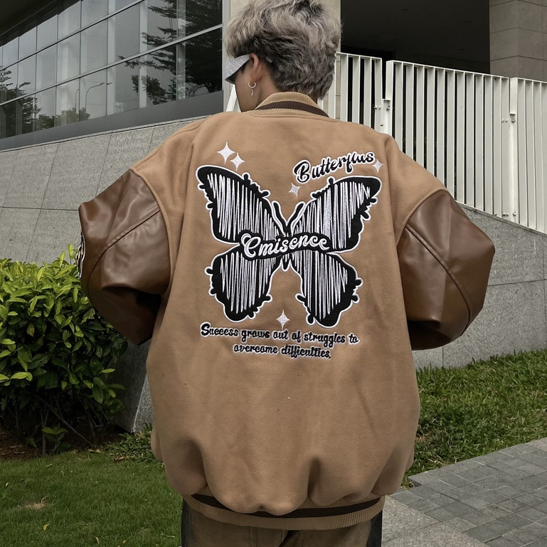 Áo khoác Bomber thêu RG shadow Butterfly áo bomber chất nỉ 2 lớp phối tay da Pu - Gin Store