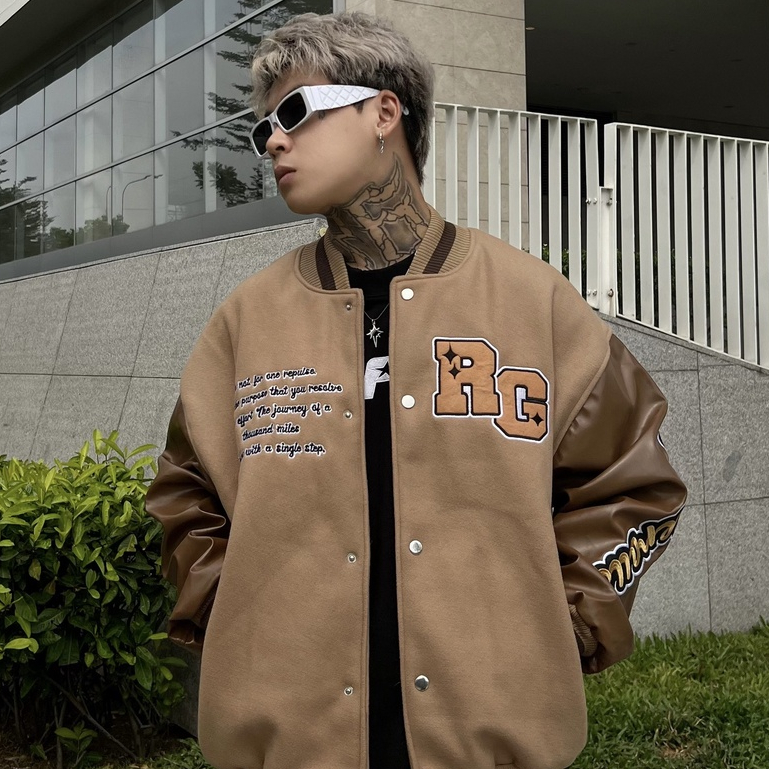 Áo khoác Bomber thêu RG shadow Butterfly áo bomber chất nỉ 2 lớp phối tay da Pu - Gin Store