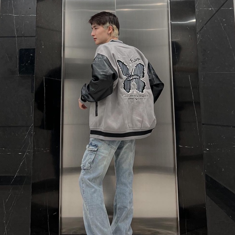 Áo khoác Bomber thêu RG shadow Butterfly áo bomber chất nỉ 2 lớp phối tay da Pu - Gin Store