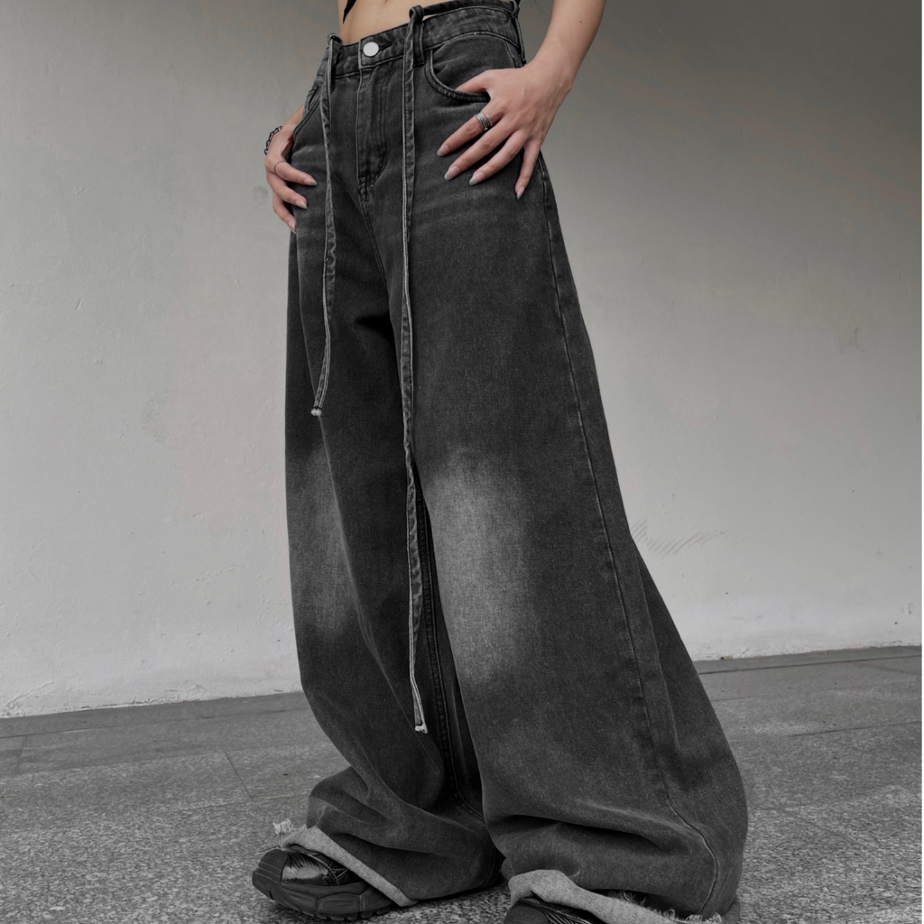 Quần JEANS dài Nam Nữ ống suông đứng phối dây độc đáo E063