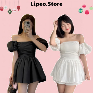 Áo kiểu tay phồng cup ngực dáng xoè kèm quần short tiểu thư