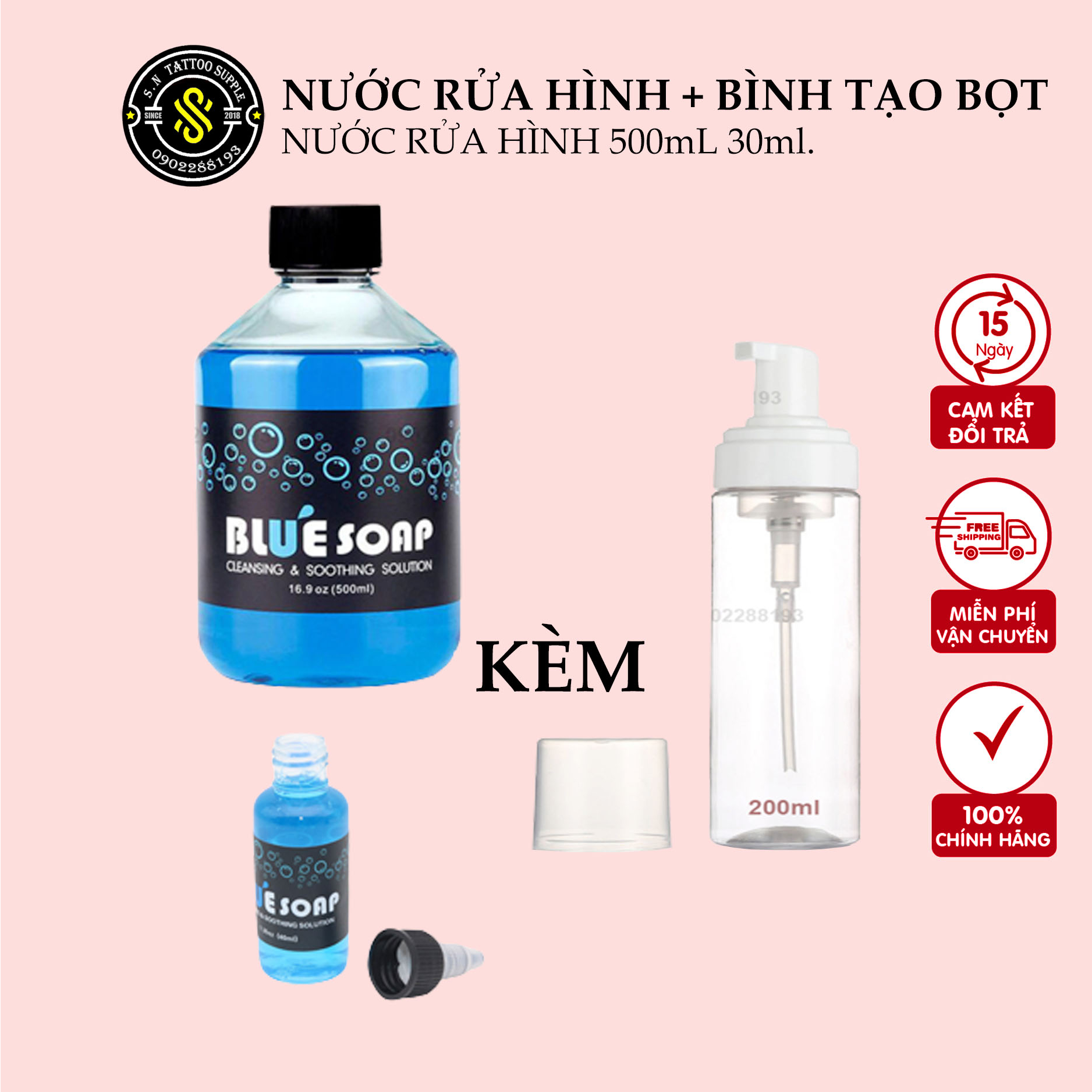 Nước rửa BLUSOAP (🎁Tặng+ Freeship💝)Nước rửa hình xăm Blue Soap 500ml vs 30ml.