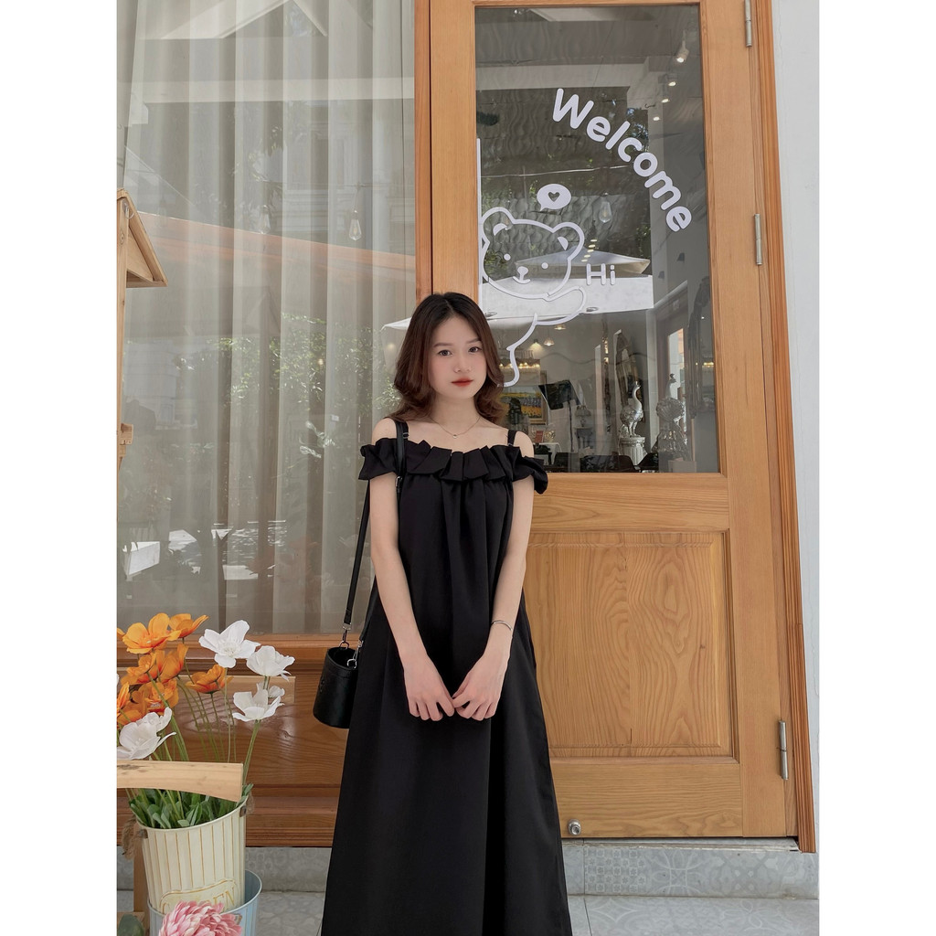 Váy đũi sần trễ vai EMIX, đầm maxi dáng dài freesize dưới 55kg form rộng, tiểu thư Vayduitrevai3400/P