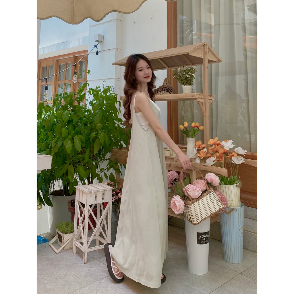 Đầm dài 2 dây dáng xoè vintage EMIX, váy 2s maxi phong cách basic, quyến rũ, cổ tim, chất đũi mềm Vayxoevintage8907/p8k5