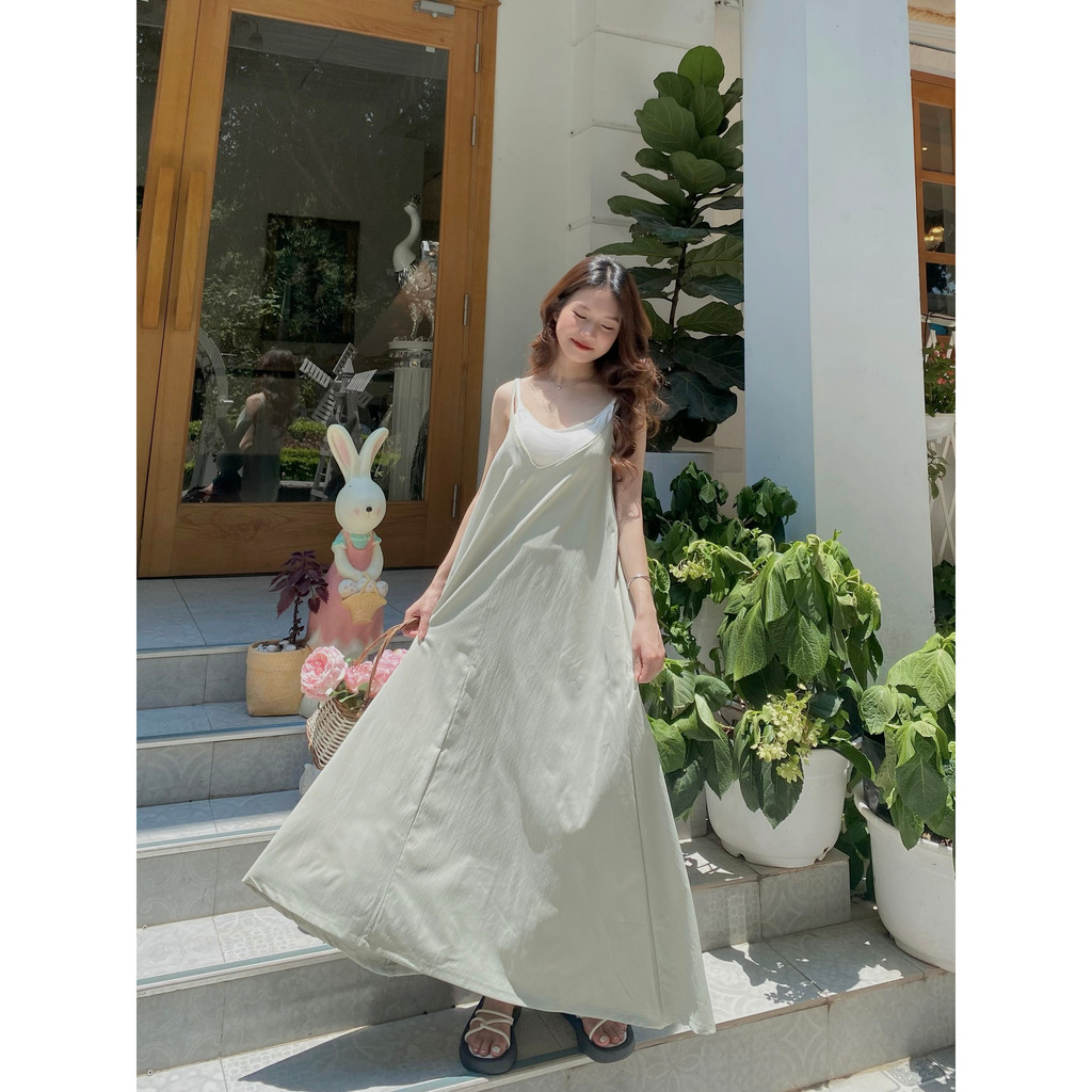 Đầm dài 2 dây dáng xoè vintage EMIX, váy 2s maxi phong cách basic, quyến rũ, cổ tim, chất đũi mềm Vayxoevintage8907/p8k5