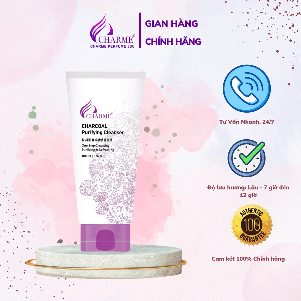 Sữa rửa mặt than hoạt tính Charme Charcoal Purifying Cleanser sạch sâu ngừa mụn cân bằng pH bổ sung ẩm 100ml