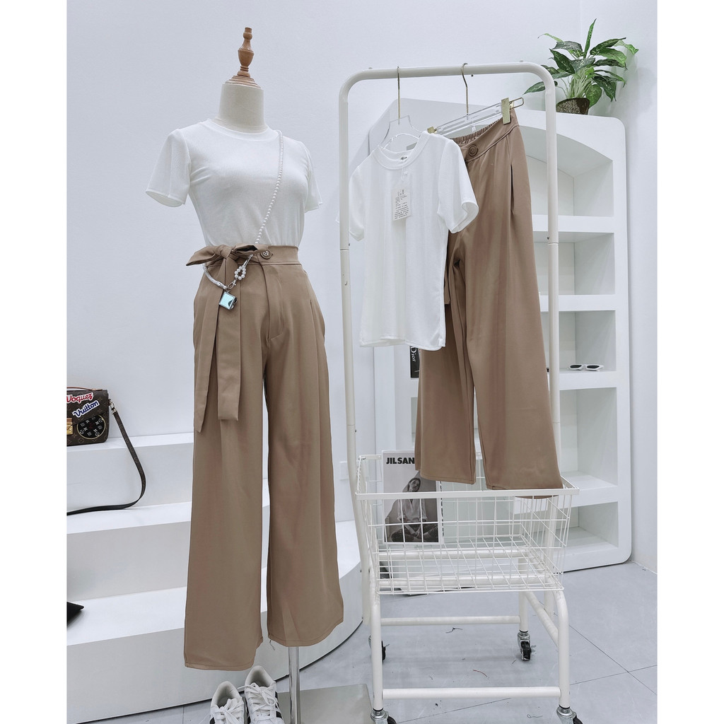 Sét xinh ao tăm mongtog mix quần xuông cạp thắt nơ TL811