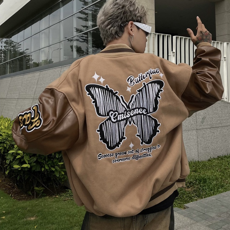 Áo khoác Bomber varsity jacket  thêu RG shadow Butterfly áo bomber chất nỉ 2 lớp phối tay da Pu