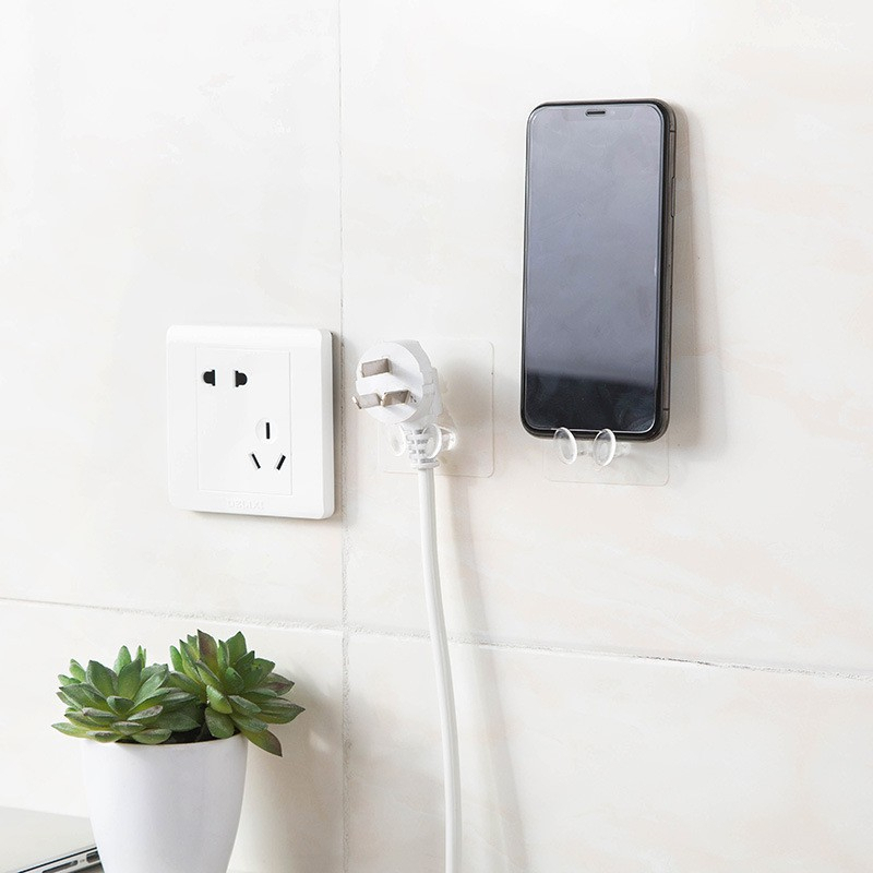 Móc treo dây điện dán tường treo phích cắm kệ đỡ điện thoại trong suốt thông minh 2 chấu siêu dính đa năng tiện lợi