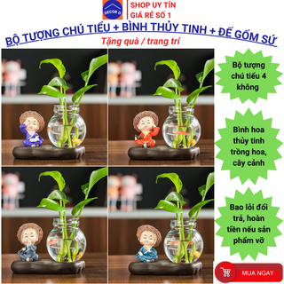 Trọn bộ tượng chú tiểu, bình hoa thủy tinh gắn đế decor trồng cây nuôi cá - Trang trí, tặng quà