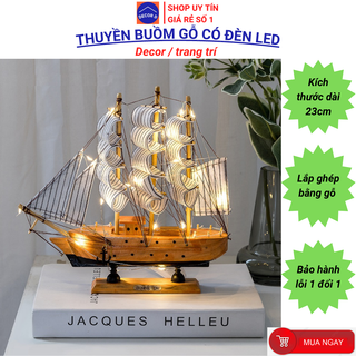 Thuyền buồm gỗ mô hình có đèn Led ánh sáng đặc sắc - Decor, trang trí nhà cửa [Lắp sẵn, Tặng Led]