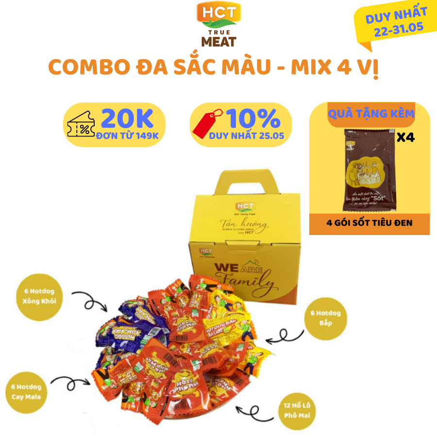 Combo Đa Sắc Màu - Xúc xích Hotdog ăn liền 6 cây vị bắp, 6 xông khói, 6 Cay Mala, 10 Hồ lô Phô mai HCT True Meat