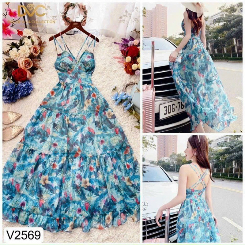 Đầm  maxi thời trang nữ mặc đi chơi chất voan chifon hoạ tiết hoa xanh 2 dây có mút, váy dàu xoè đi biển