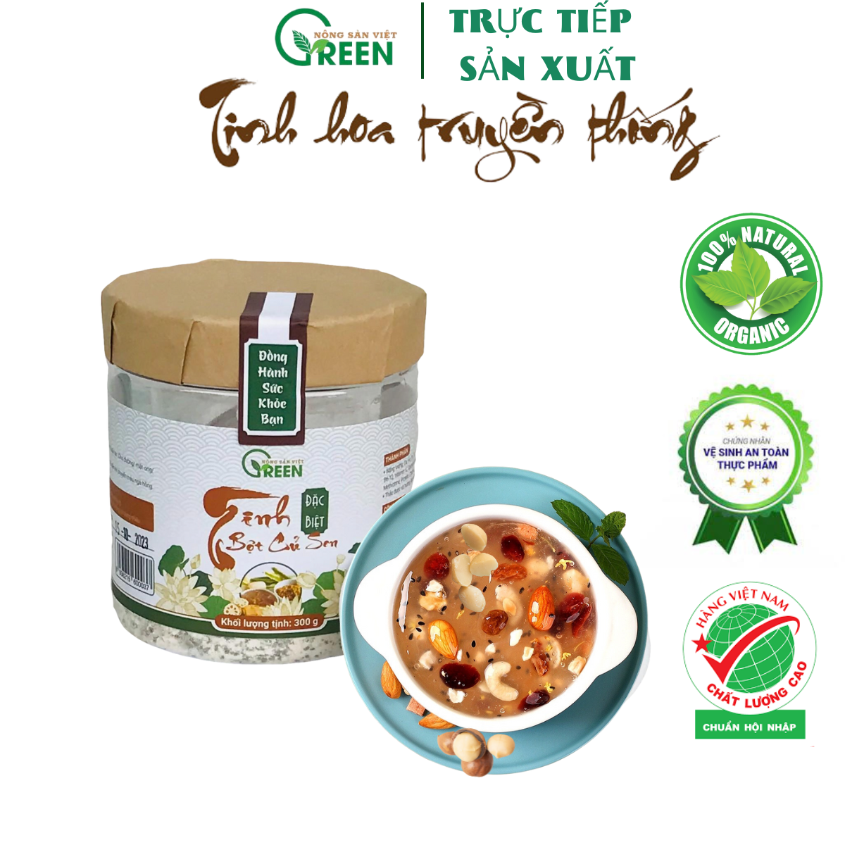 Tinh bột củ sen mix hạt ngũ cốc Granola nhiều hạt: macca, hạnh nhân, hạt điều,... thương hiệu Việt Green 100% Natural