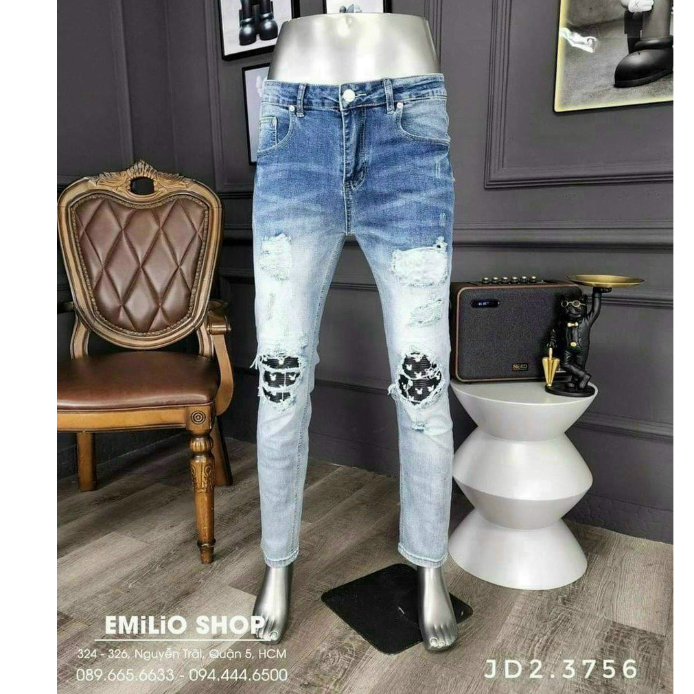 Quần jean nam cao cấp jean vá thỏ AMIRI vải dày đẹp 2 màu đen xanh chất lượng