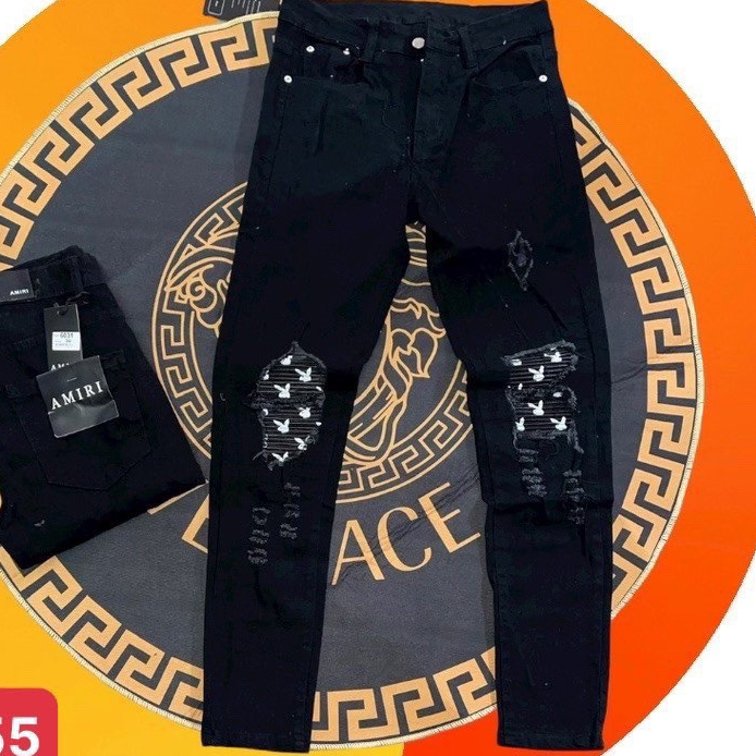 Quần jean nam cao cấp jean vá thỏ AMIRI vải dày đẹp 2 màu đen xanh chất lượng