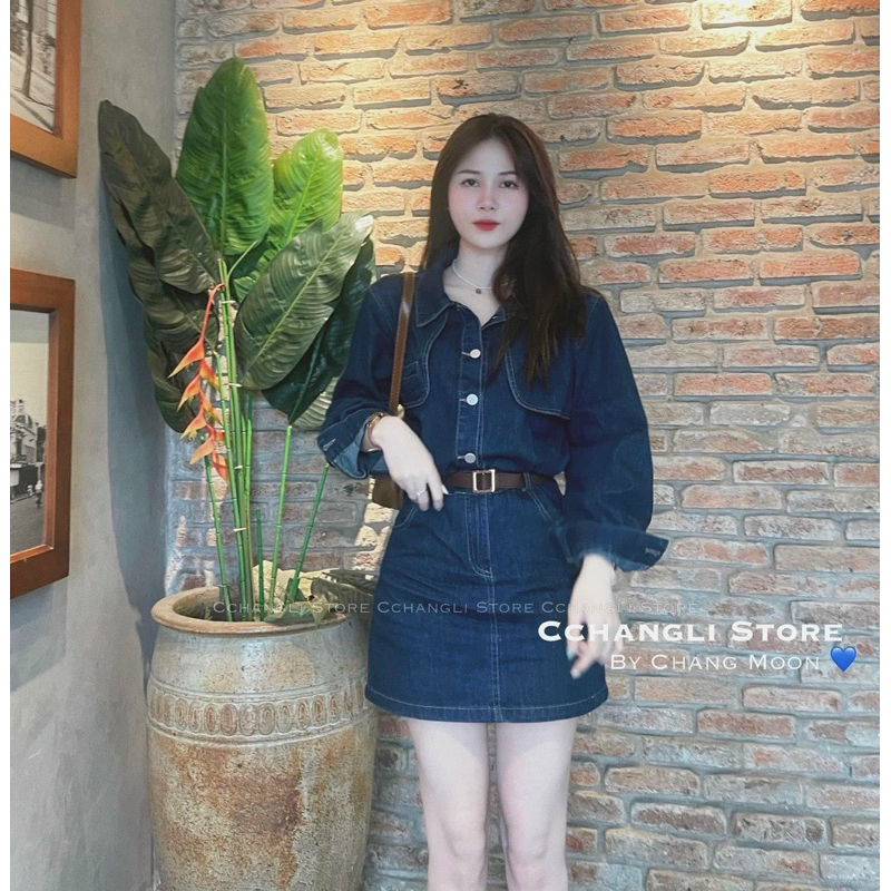 Đầm jeans cao cấp tay dài kèm thắt lưng