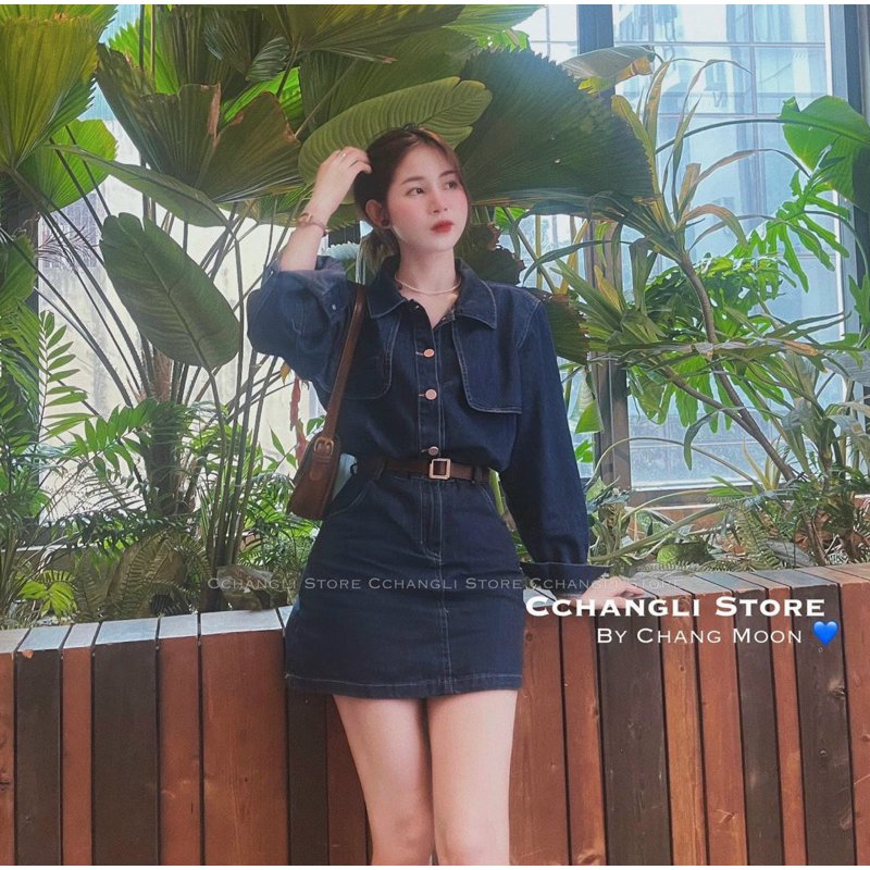 Đầm jeans cao cấp tay dài kèm thắt lưng