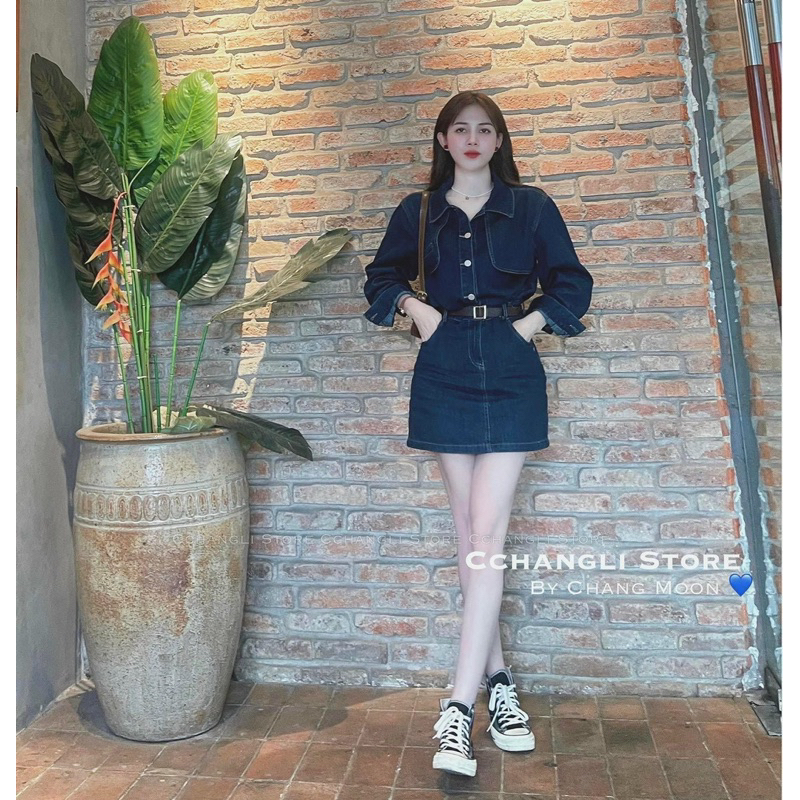 Đầm jeans cao cấp tay dài kèm thắt lưng