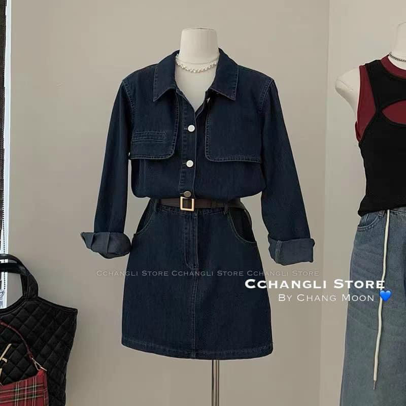Đầm jeans cao cấp tay dài kèm thắt lưng
