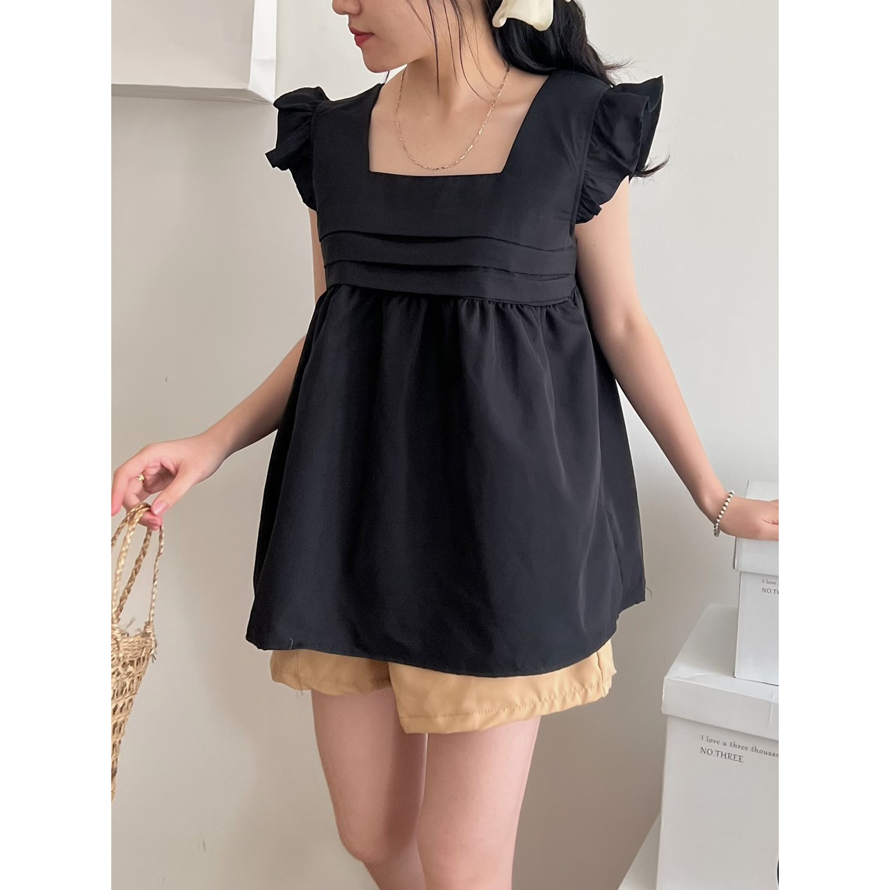Set Đùi Áo Bèo Cổ Vuông Hàn Quốc, Hàng Loại 1, Dáng Vintage, Basic, Freesize Dưới 55kg