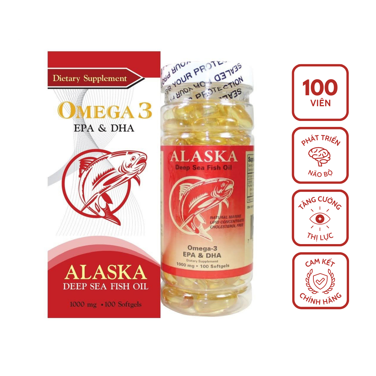 Viên dầu cá Alaska Deep Sea Fish Oil Omega-3 Duy Trì Sức Khỏe Tim Mạch, Cải Thiện Thị Lực Mắt (Lọ 100 viên)