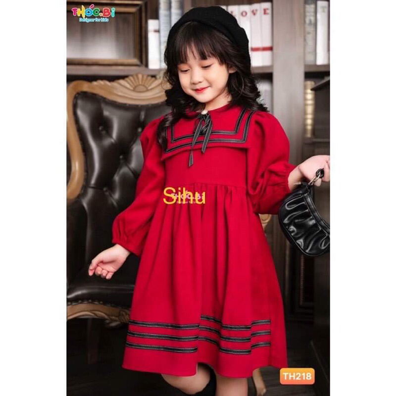 Đầm  be gai dam tay dài đỏ chất tơ xước size 12-37kg