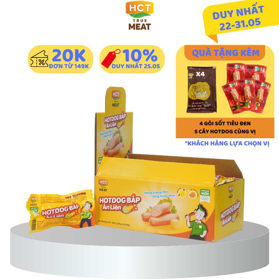 Hộp 20 cây Xúc xích Hotdog bắp ăn liền HCT True Meat 28gx20
