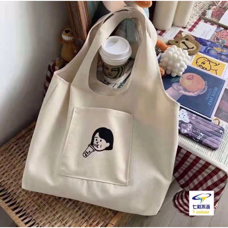 Túi tote beautiful dáng liền thân vải canvas thời trang nữ hottrend in hoạ tiết phong cách Hàn Nhật - liền thân