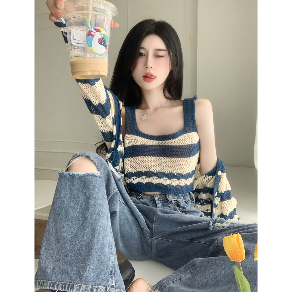 Set Áo 2 Dây Kèm Áo Khoác Cardigan Len Lưới Montoghi Quảng Châu, Áo 2 Dây Bản To Mềm Mịn Style Hàn Quốc 1993 Boutique