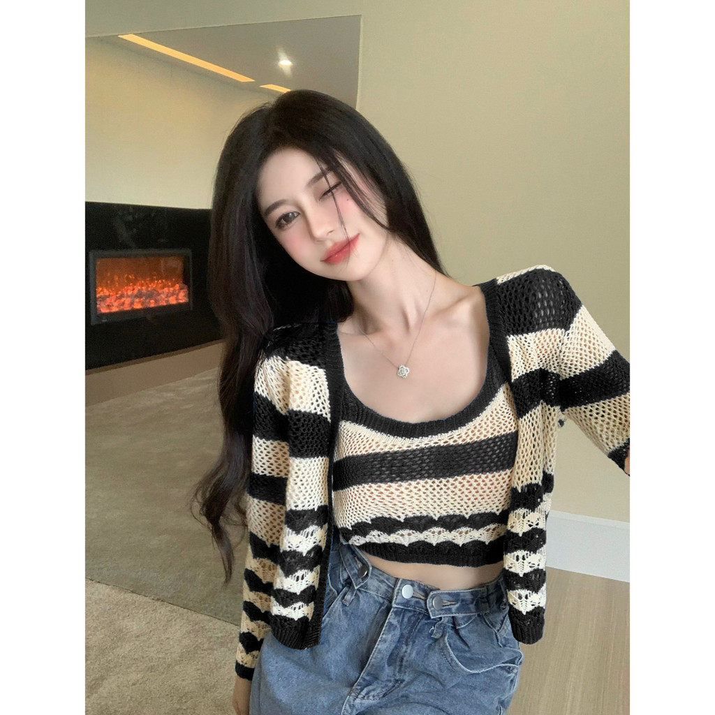 Set Áo 2 Dây Kèm Áo Khoác Cardigan Len Lưới Montoghi Quảng Châu, Áo 2 Dây Bản To Mềm Mịn Style Hàn Quốc 1993 Boutique