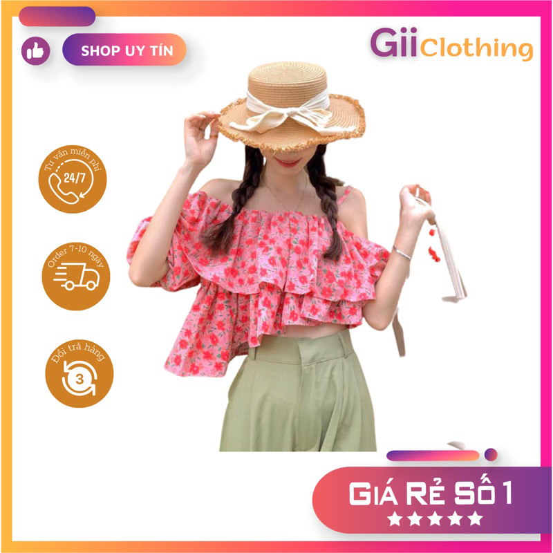 Áo dây hồng croptop tay bồng (Ảnh thật)